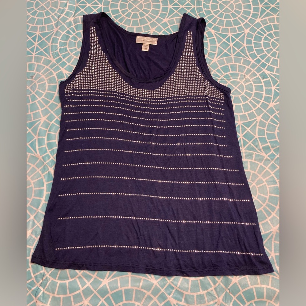 Dressbarn Petites navy blue tank top with silver rhinestone pattern on f…